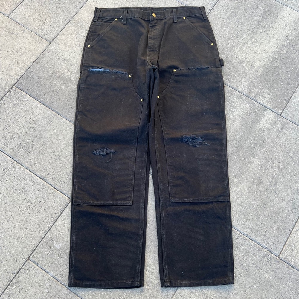 Carhartt Mens Black Double Knee Distressed Duck Canvas Dungaree Work Pants 36x30